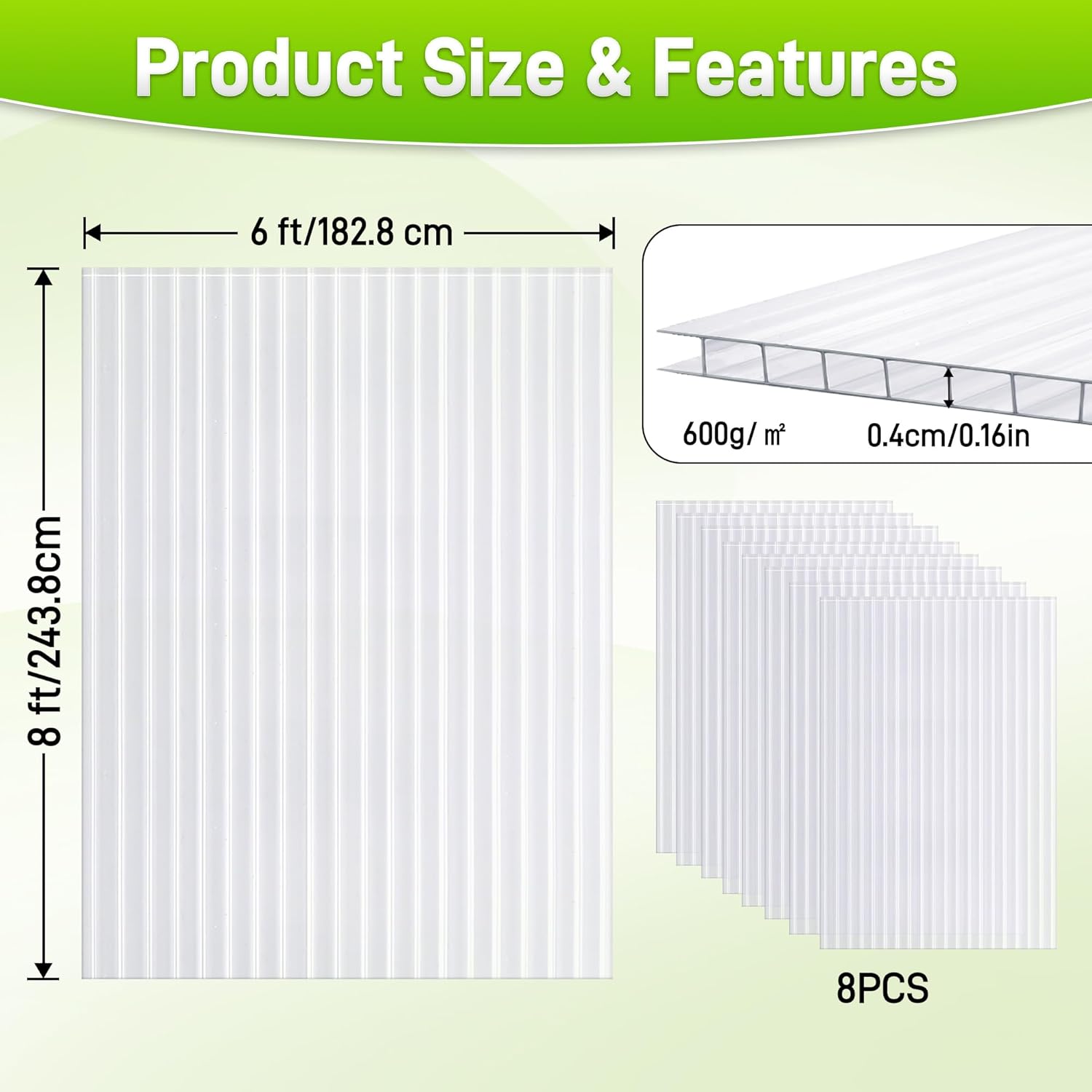 8 Pack 8' X 6' X 0.16'' Polycarbonate Greenhouse Panels, Waterproof UV Protected Clear Polycarbonate Sheets Twin-Wall Roof Panels, Corrugated Plastic Roofing Panels for Greenhouse Replacement