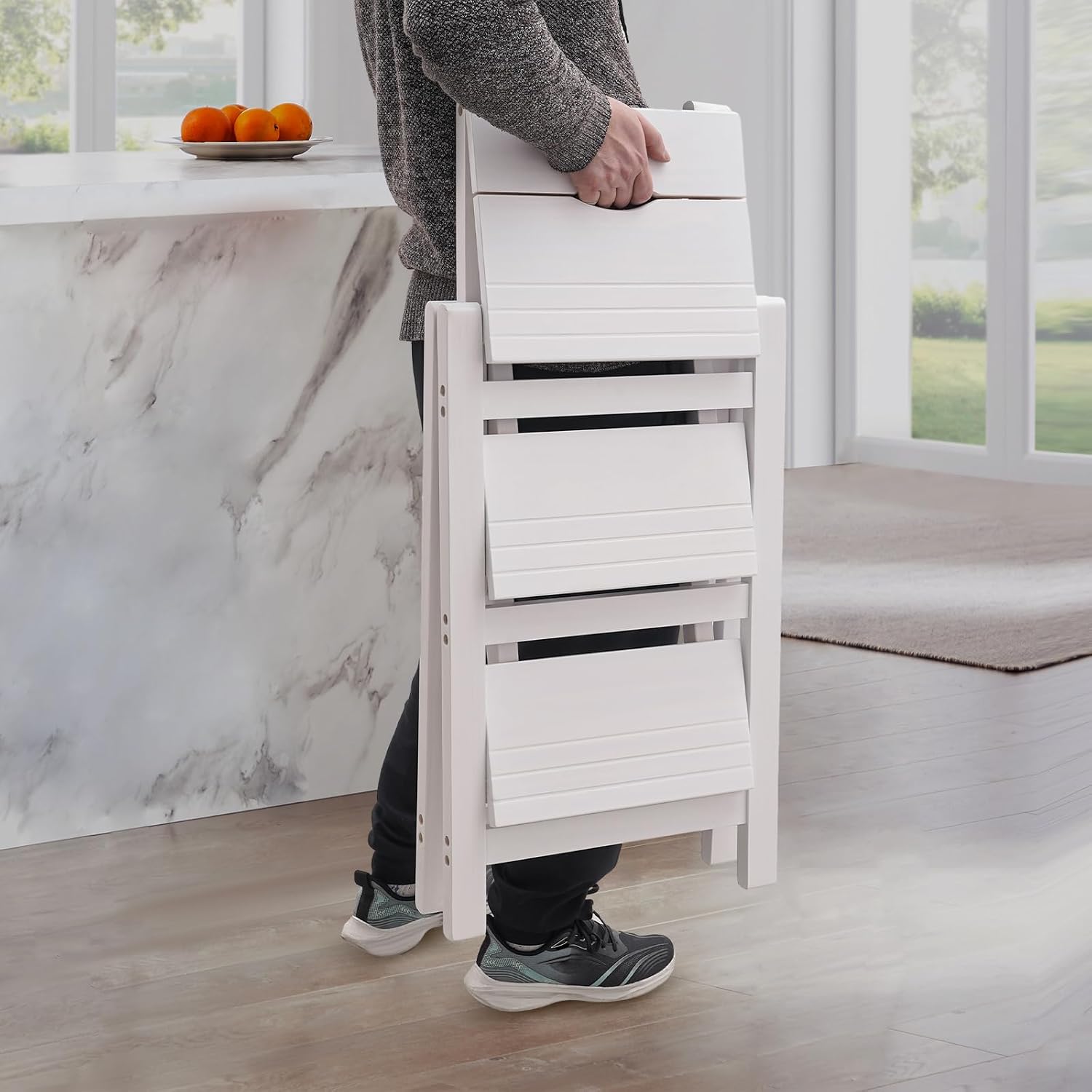 Folding Step Stool for Adults, 3 Tier Step Ladder Portable Counter Chair Wooden Trapezoidal Shelf with Convenient Handle for Home Office Garage Library