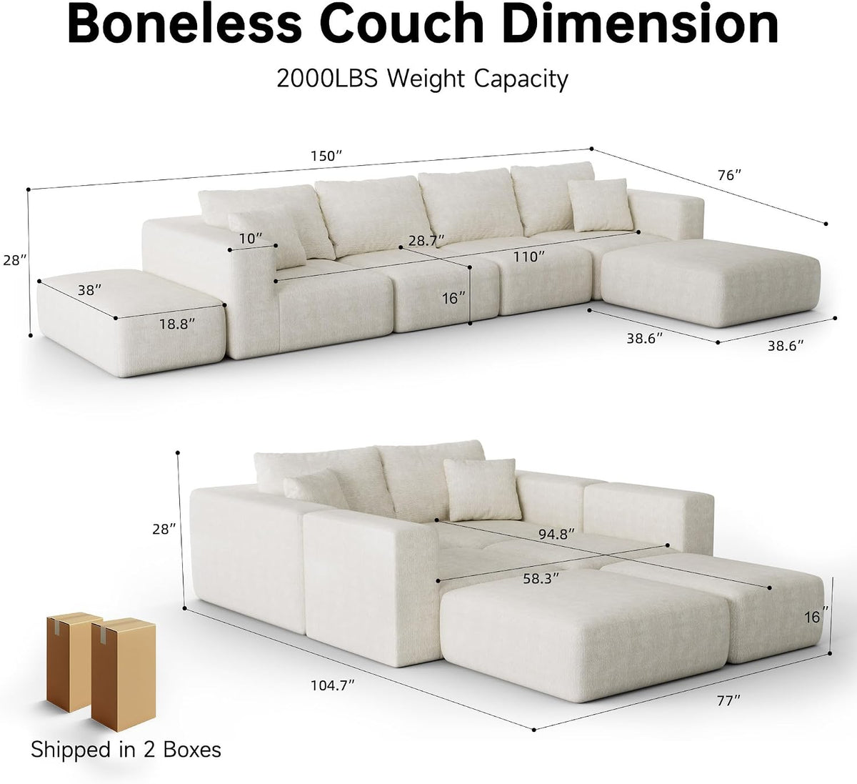 150" Oversized Couch for Living Room,Modular Sectional Sofa | Extra Deep 6 Seater Sofa Set, Comfy Modern Large Modular Cloud Sectional Couch,No Assembly Required, Beige