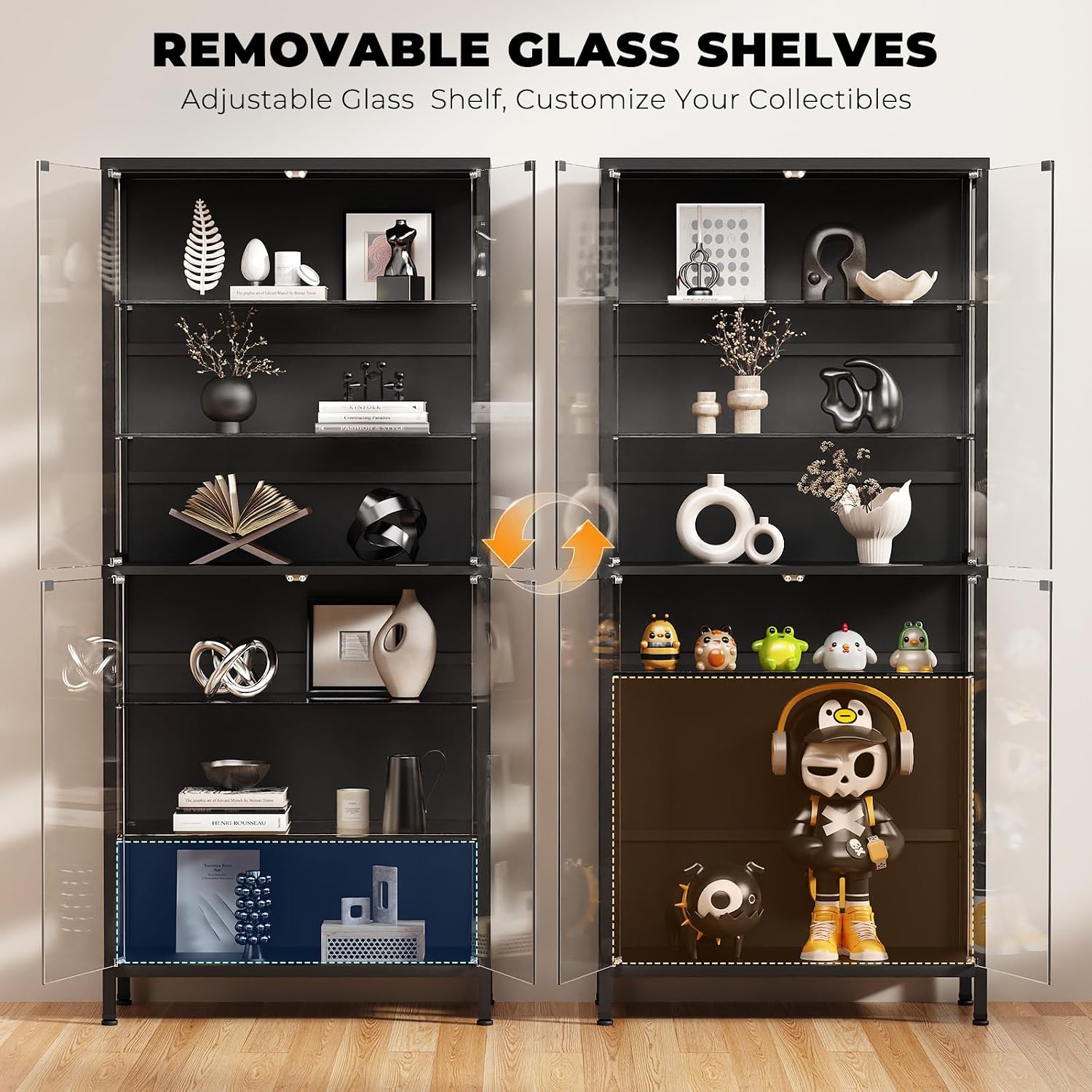 71.2" 6-Tier Display Cabinet with Glass Doors for Collectibles, Black