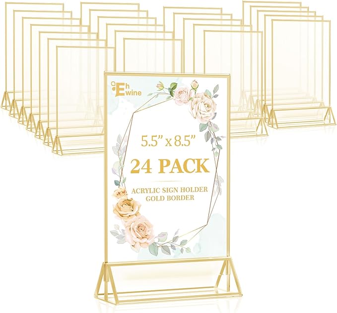 EHWINE 24 Pack Acrylic Sign Holder 5.5 x 8.5, Double Sided Gold Picture Frame Stand up Table Top Sign Holders, Clear Display Stand Menu Flyer Holder for Wedding Party
