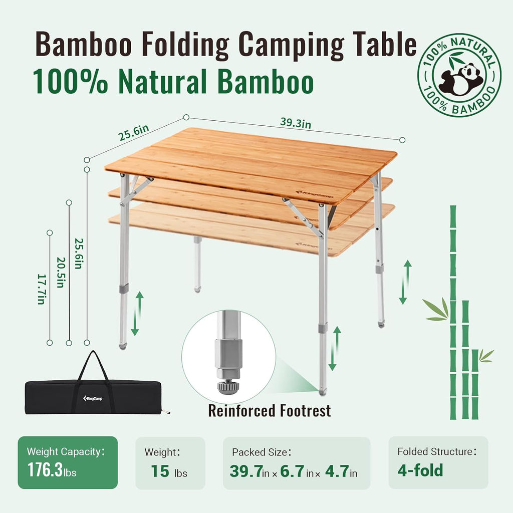KingCamp Bamboo Folding Camping Table, 4-Fold Adjustable Outdoor Table | Portable Design with Carry Bag, Natural Bamboo Top, Ideal for RV Outdoor Picnic Backyard Camping