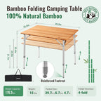 KingCamp Bamboo Folding Camping Table, 4-Fold Adjustable Outdoor Table | Portable Design with Carry Bag, Natural Bamboo Top, Ideal for RV Outdoor Picnic Backyard Camping