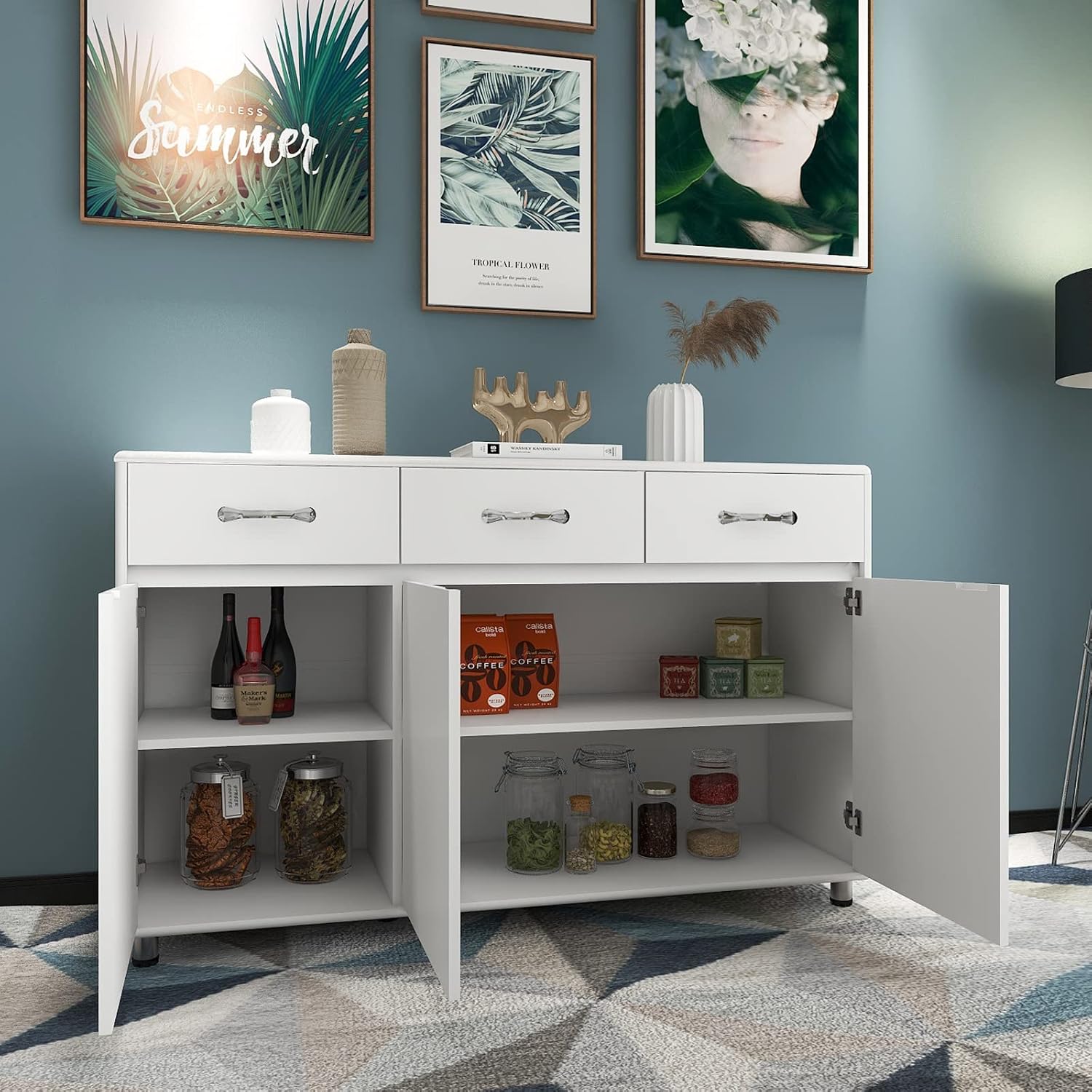 Storage Drawer File Cabinet Side Cabinet Entryway Console Side Tables with Three Drawers and Three Doors for Office or Kitchen Room (Three Doors, White)