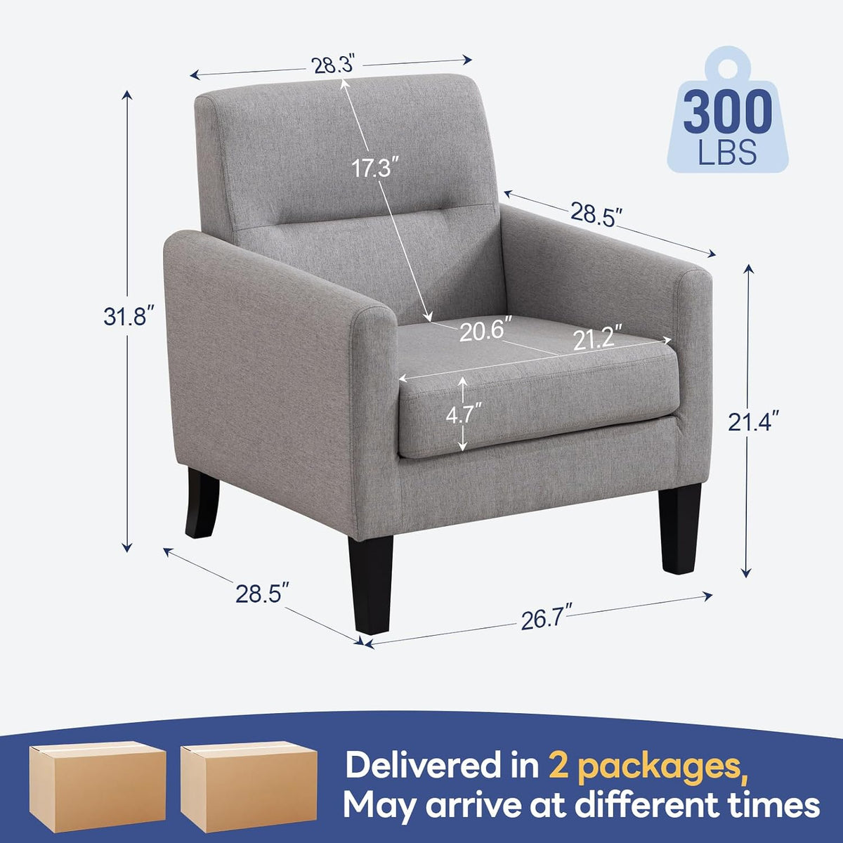 Accent Chairs Set of 2, Mid Century Modern Living Room Chairs, Light Grey | Armchair for Bedroom Apartment Living Room Dorm Reading Corner, Cozy Comfort for Reading & Relaxing, Tool-Free Assembly