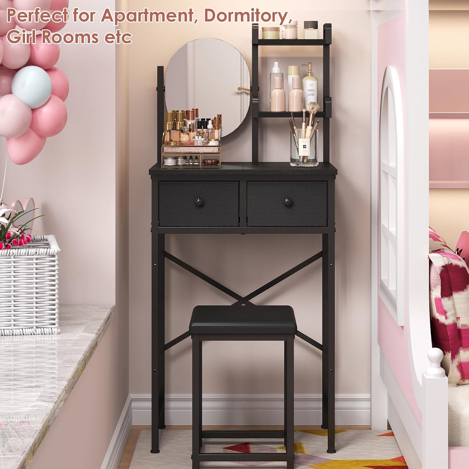 X-cosrack Small Black Makeup Vanity Desk 19.7''W with Adjustable Mirror and Chair, Space-Saving Vanity Table with 2 Fabric Drawers 2 Opening Shelves for Girls Gifts, Bedroom, Small Spaces, Black