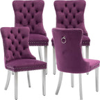 Velvet Dining Chairs Set of 4, Tufted Upholstered High Wingback Chairs with Nailhead Trim & Pull Ring, Silver Stainless Steel Legs for Dining Room, Sillas de Comedor, Purple