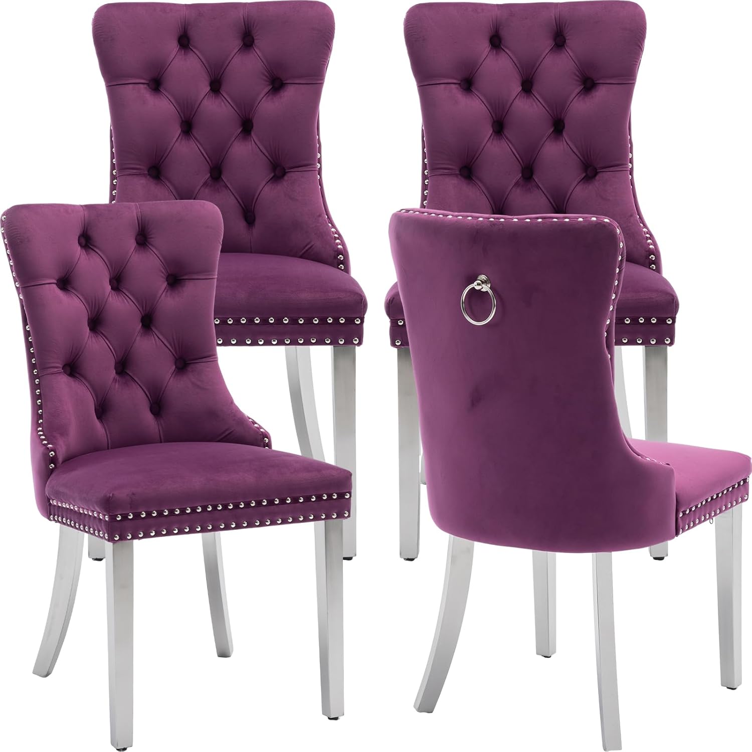 Velvet Dining Chairs Set of 4, Tufted Upholstered High Wingback Chairs with Nailhead Trim & Pull Ring, Silver Stainless Steel Legs for Dining Room, Sillas de Comedor, Purple