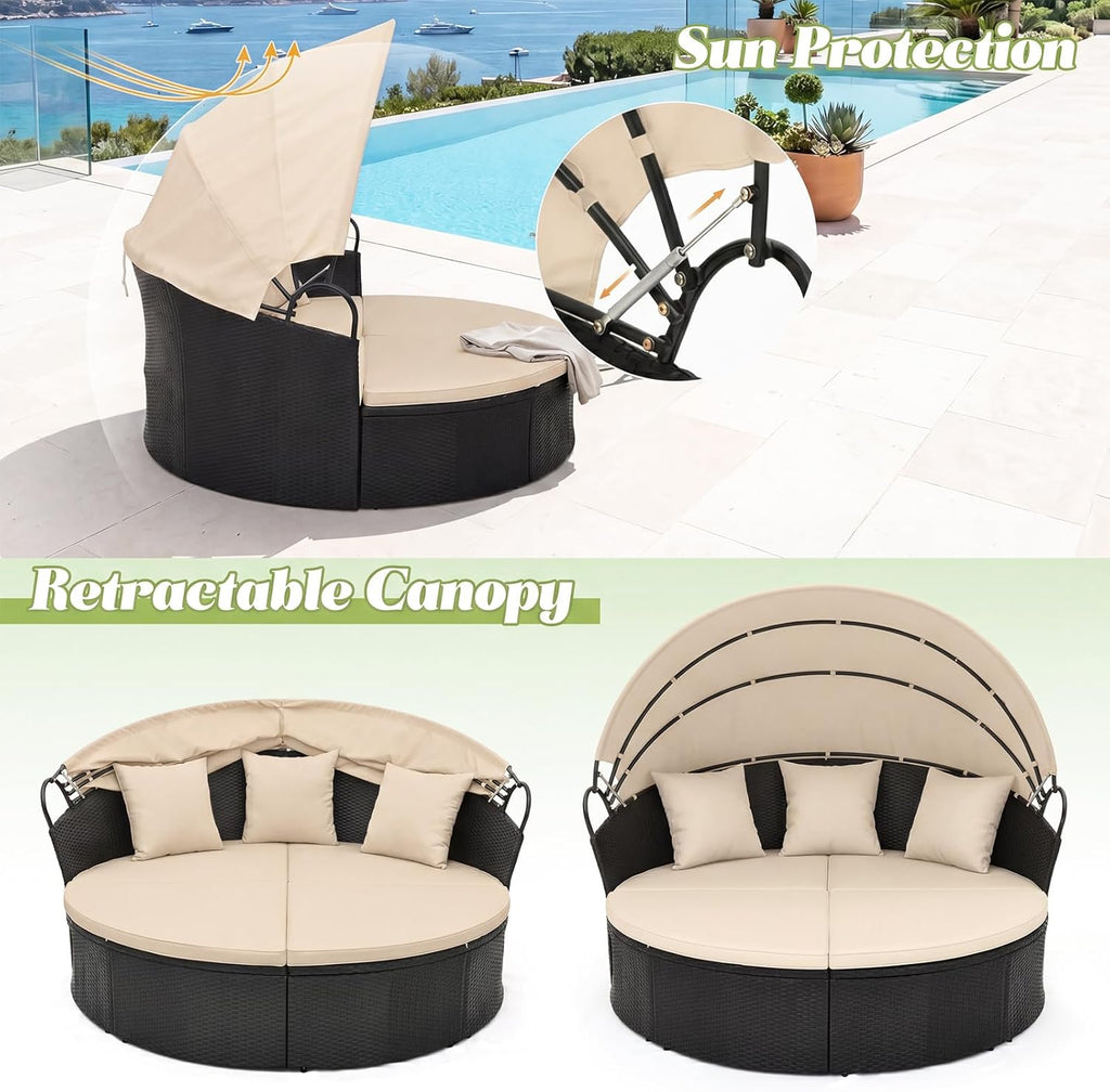 Tangkula Outdoor Patio Round Daybed with Retractable Canopy, Black Rattan Wicker Furniture Sectional Seating with Cushions and Throw Pillows, Seating Separates Cushioned Seats for Backyard (Brown)