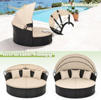 Tangkula Outdoor Patio Round Daybed with Retractable Canopy, Black Rattan Wicker Furniture Sectional Seating with Cushions and Throw Pillows, Seating Separates Cushioned Seats for Backyard (Brown)