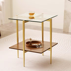 LumFurn Glass End Table, Mid-Century Modern Design Sofa Table, for Living Room, 2-Tier Structure, Clear Glass Top and Walnut MDF Shelf, Sleek Conical Metal Legs with Gold Finish Frame