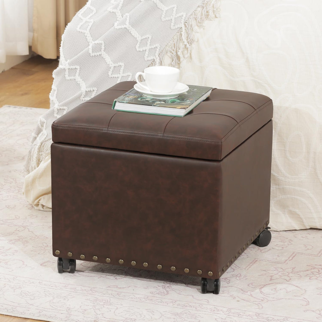 Adeco 16.7" H Brown Leather Storage Ottoman with 360 Caster Wheels, Square Foot Stool with Decorative Bronze Thumb Tacks & 330 LB Load Capacity, Modern Ottoman for Living Room, Bedroom, Entryway