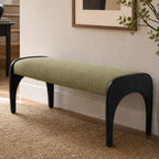 LukeAlon 51-Inch Extra Long Dining Bench, Green Linen Upholstered Seat & Black Rubber Wood Legs for Kitchen Table, Bedroom, Entryway