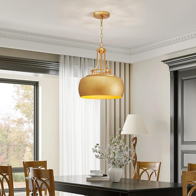 WUZUPS Chandelier Rustic Farmhouse Industrial Round Ceiling Pendant LED Light Fixture with Open Bottom Drum Shade, H 15.7" x W 13.4", Antique Gold