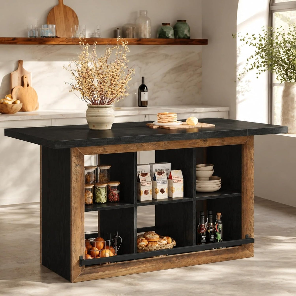 Tribesigns Kitchen Island with Storage, 62.6" Farmhouse Kitchen Island Table with 6-Cubby Open Shelves & Metal Foot Rail, Butcher Block Counter Height