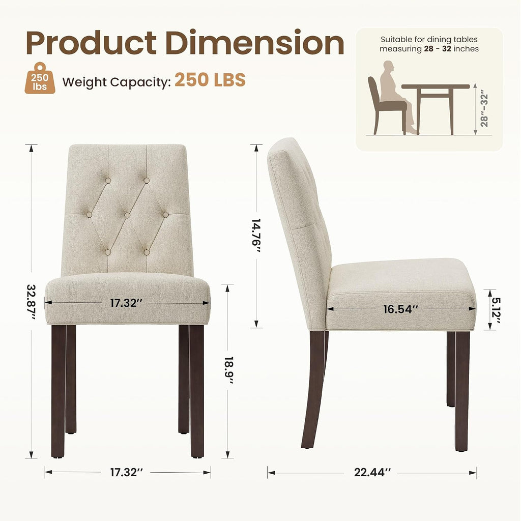 Dining Chairs Set of 2, Parsons Chairs for Small Spaces, Light Beige | Modern Dining Room Chairs with Solid Wooden Legs, Fabric Upholstered Kitchen Chairs for Restaurant & Cafe