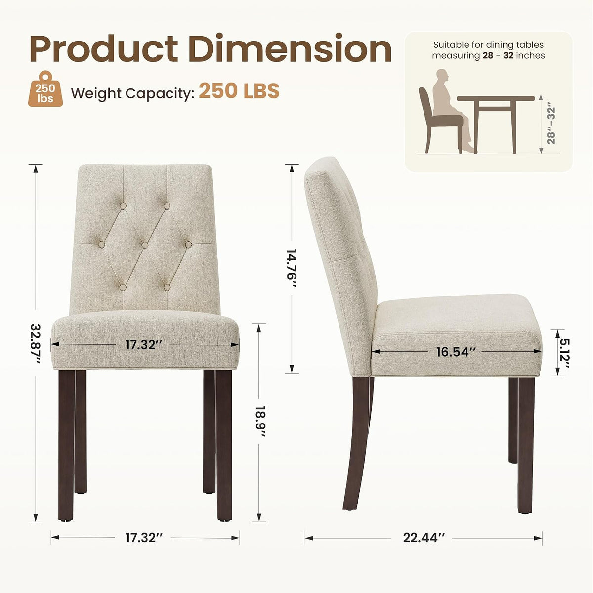 Dining Chairs Set of 2, Parsons Chairs for Small Spaces, Light Beige | Modern Dining Room Chairs with Solid Wooden Legs, Fabric Upholstered Kitchen Chairs for Restaurant & Cafe