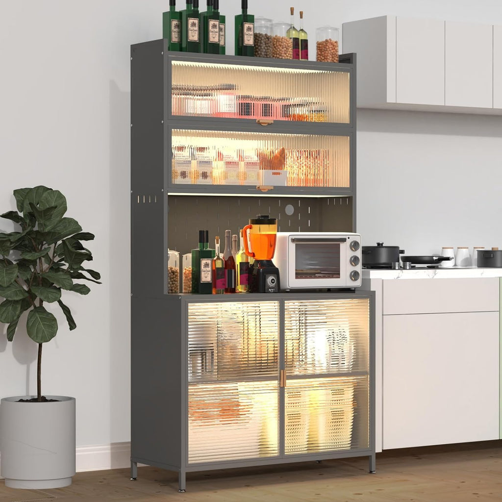 73'' Gray Tall Kitchen Pantry Cabinet, 6-Tier Metal Storage Cabinet with Quick-View Acrylic Flip Door & Adjustable Shelves, Space-Saving Hutch for Kitchen, Dining Room, Living Room