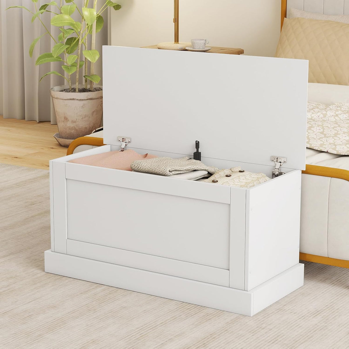 LOKO 35.5-inch Wooden Storage Bench, Lift Top Storage Box (White) | Large Storage Chest | Farmhouse Storage Trunk | Metal Hinges | Safety Hydraulic Strut | For Living Room, Bedroom, Entryway