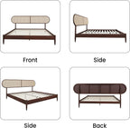 Queen Size Solid Wood Bed Frame, Rattan Boho Headboard, Dark Walnut
