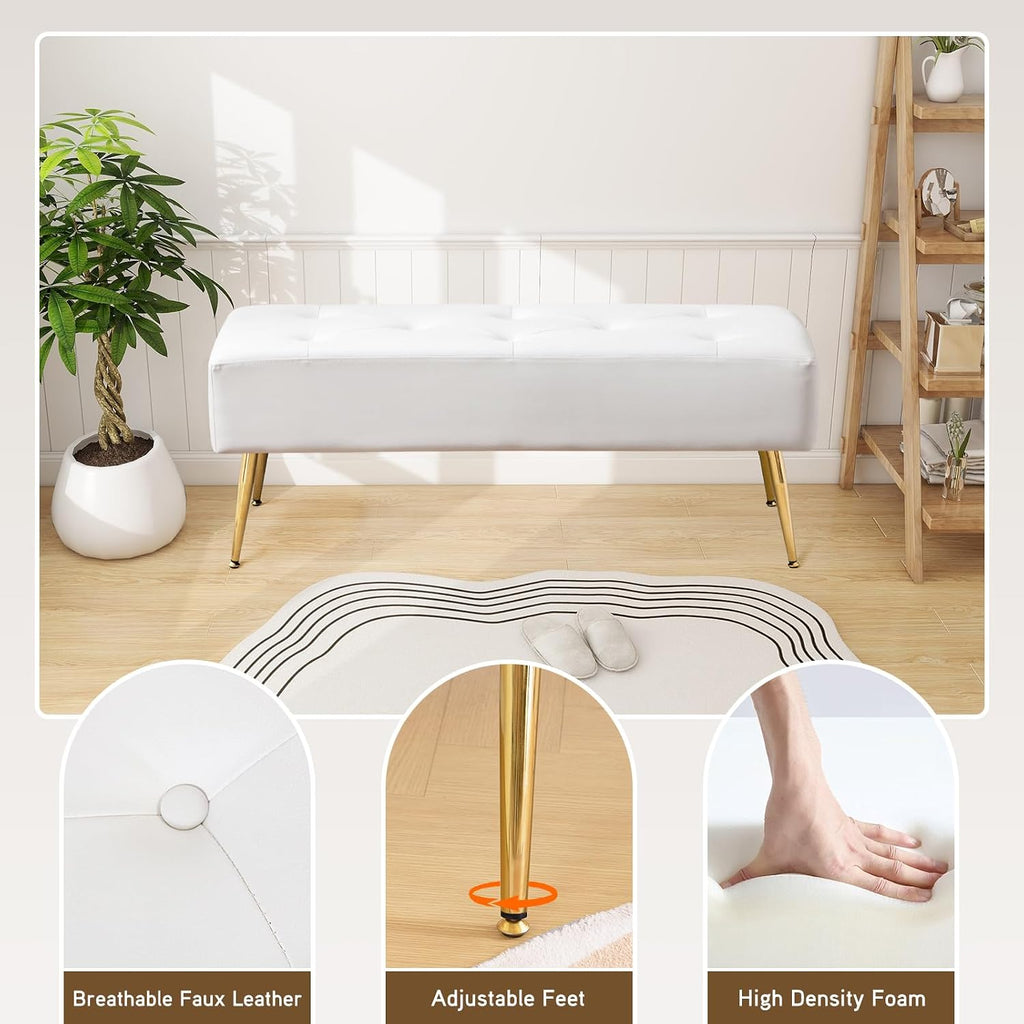Furnimart Upholstered Tufted White Bench Ottoman with Padded Seat, Footrest Foot Stool with Sturdy Metal Leg, White Leather Bench for Bedroom Living Room Entryway