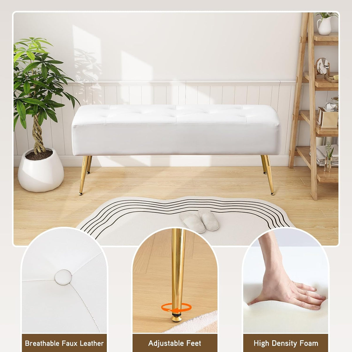 Furnimart Upholstered Tufted White Bench Ottoman with Padded Seat, Footrest Foot Stool with Sturdy Metal Leg, White Leather Bench for Bedroom Living Room Entryway