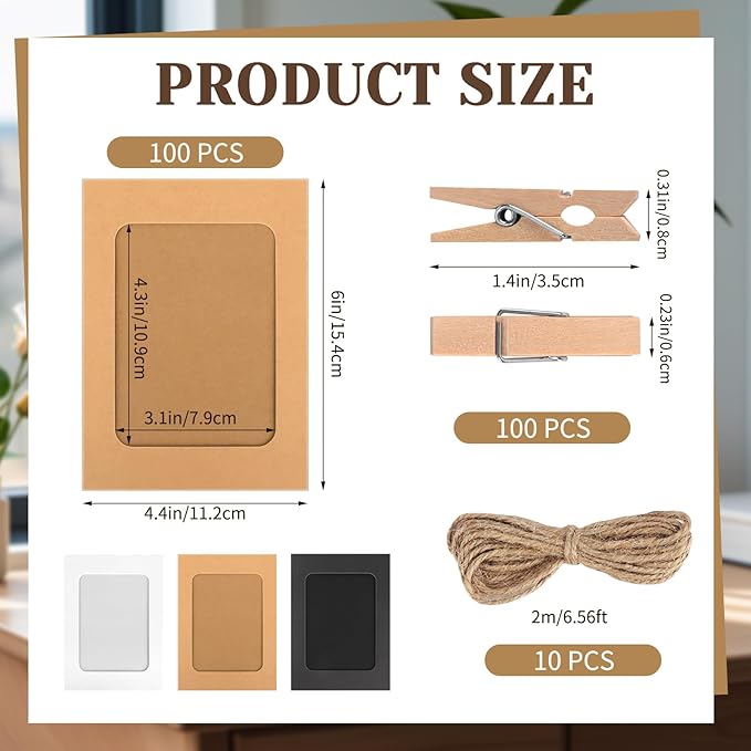 100 Pack Paper Picture Frames, 4x6 Inch Photo Strip Frame Hanging Photo Display Banner, 3 Colors Photo Holder with Wooden Clips and String for Wall Decor and Party Supplies