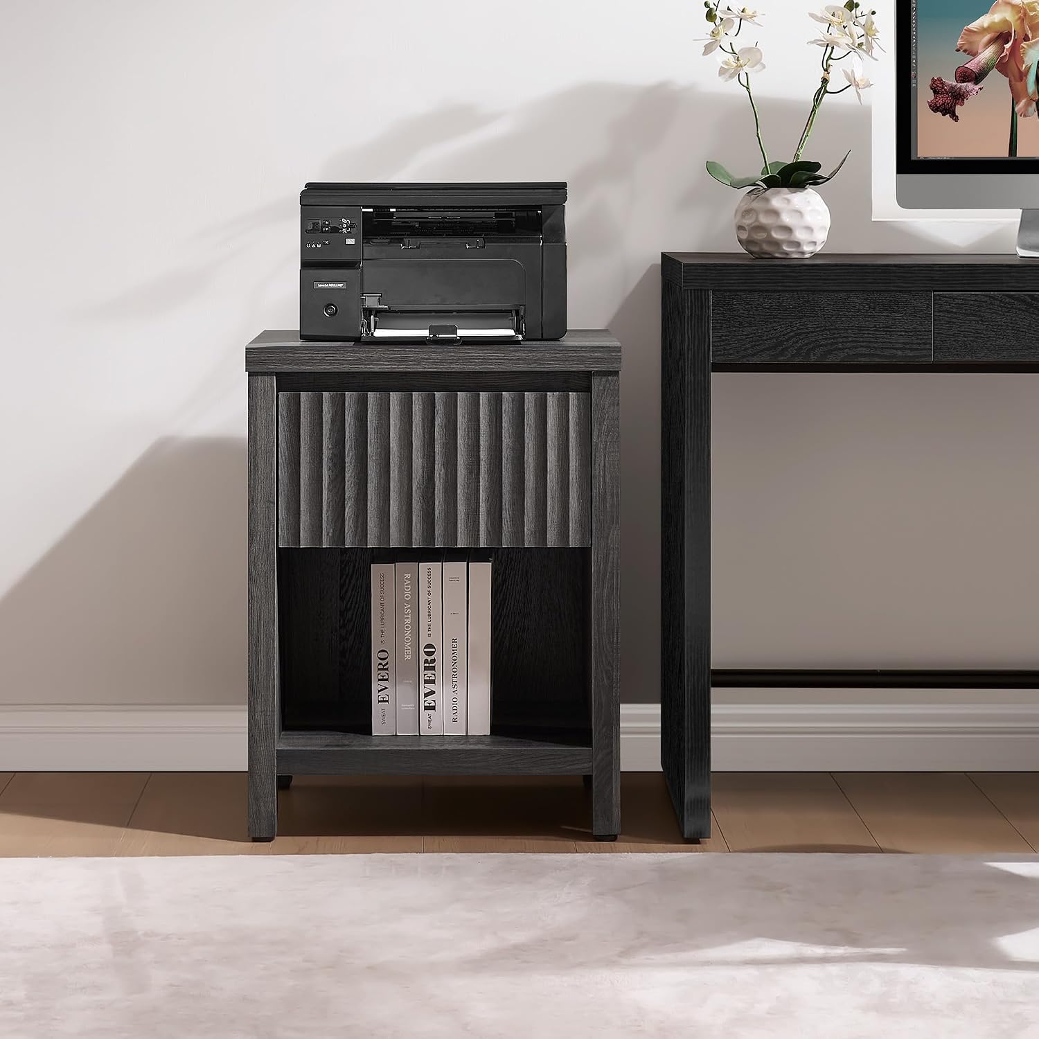 SICOTAS Fluted Night Stand Set of 2, Modern Nightstands with Drawer | Farmhouse Bedside Table with Storage Shelf, Large End Tables Bed Side Tables for Bedroom, Black Oak