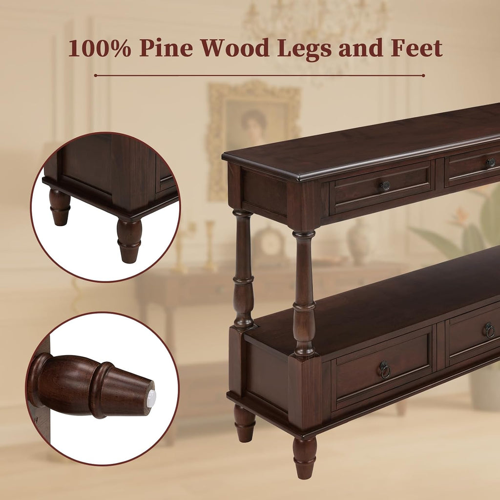 Vintage Solid Wood Console Table with 6 Drawers - 54" Hallway Sofa Table with Bottom Shelf for Entrance, Living Room & Foyer, Espresso