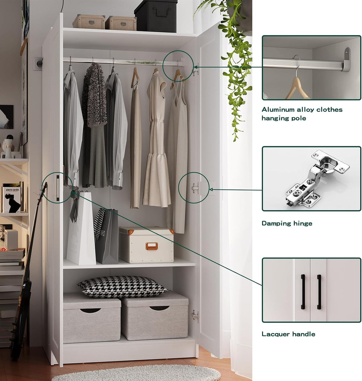 Fddevelop Fenghua Lizhi Wood White Wardrobe Closet with 2 Doors，Bedroom Freestanding Armoire Storage Cabinet with Shelves，Wooden Wardrobe Combination for Hanging Clothes