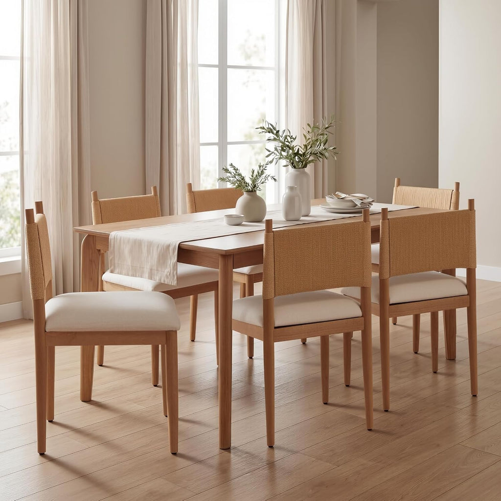 CIMOTA Modern Dining Chairs Set of 6, Mid Century Upholstered Dining Room Chairs with Woven Back, Armless Kitchen Chairs with Natural Solid Wood Legs, Linen Beige