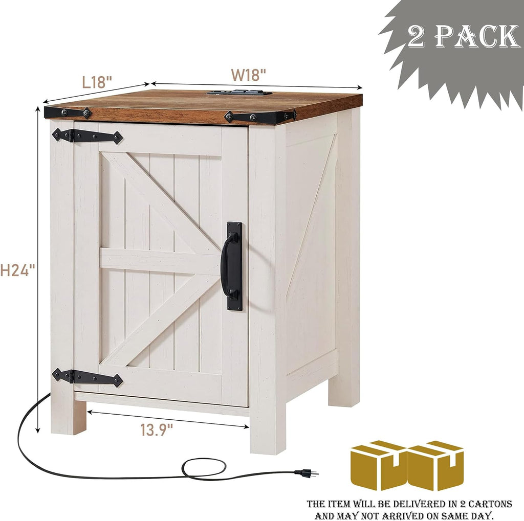 OKD Farmhouse Nightstand Set of 2 with Charging Station, 18 Inch Rustic End Table with Barn Door Cabinet, Adjustable Storage Shelf, Wood Sofa Side Table for Living Room, Bedroom, Antique White