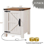 OKD Farmhouse Nightstand Set of 2 with Charging Station, 18 Inch Rustic End Table with Barn Door Cabinet, Adjustable Storage Shelf, Wood Sofa Side Table for Living Room, Bedroom, Antique White