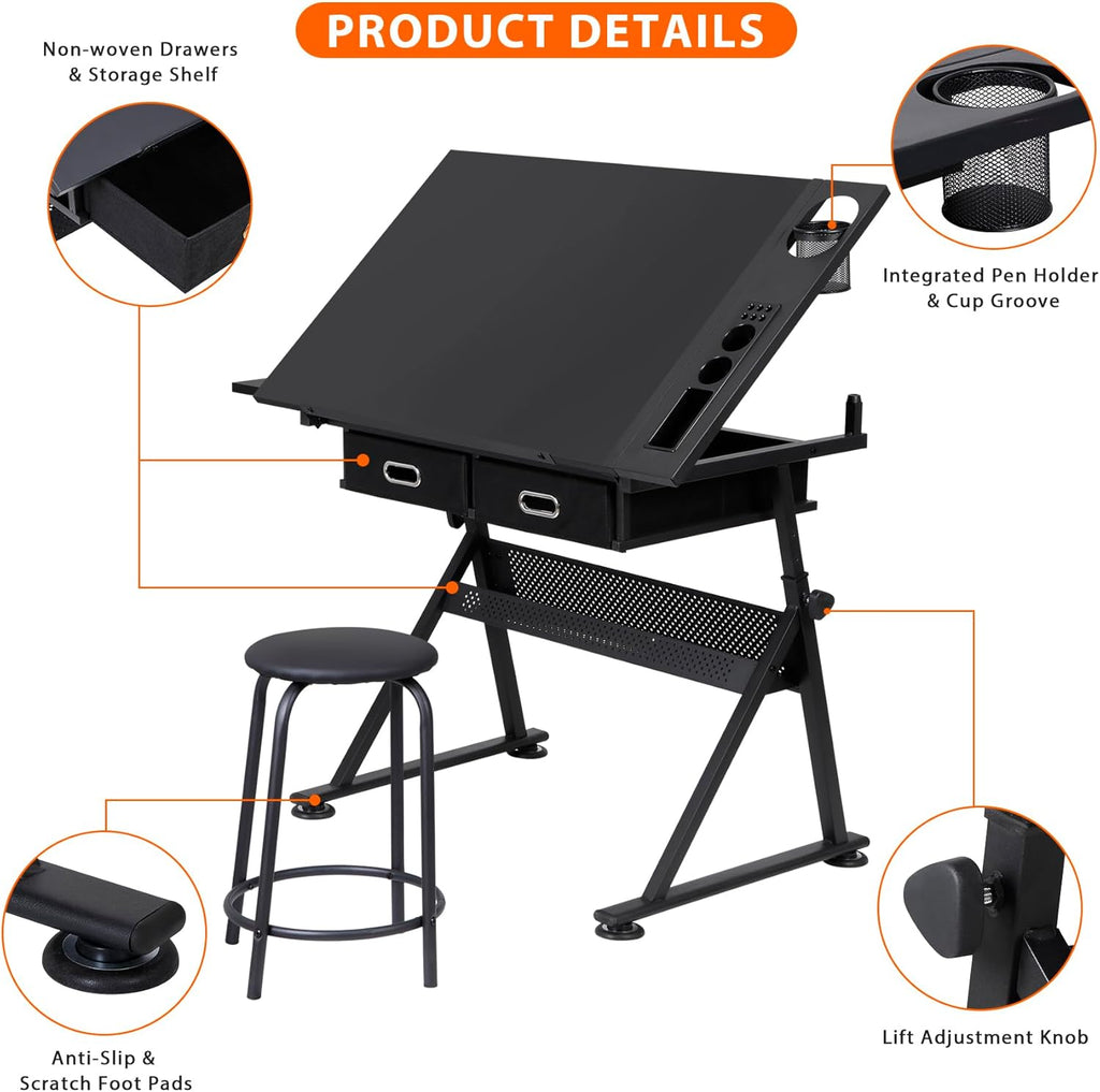 LEMY Drafting Table Art Desk, Height Adjustable Drawing Table Tilting Tabletop Work Station with Stool and Storage Drawer for Home, Office, Writing, Black