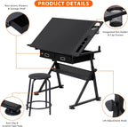 LEMY Drafting Table Art Desk, Height Adjustable Drawing Table Tilting Tabletop Work Station with Stool and Storage Drawer for Home, Office, Writing, Black