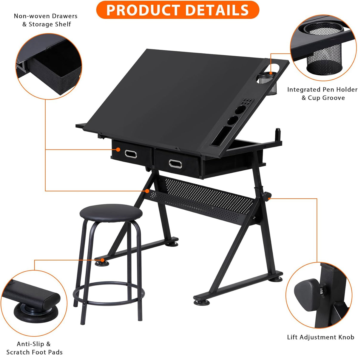LEMY Drafting Table Art Desk, Height Adjustable Drawing Table Tilting Tabletop Work Station with Stool and Storage Drawer for Home, Office, Writing, Black