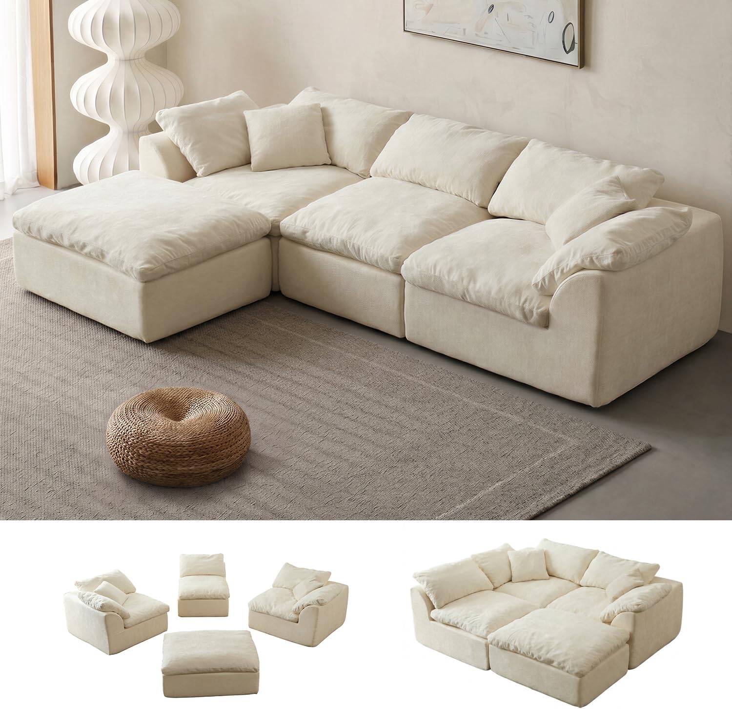 Oversized Cloud Couch Sectional Sofa for Living Room, Modular L Shaped Chenille Sofa with Chaise Lounge, Deep Seat Convertible Couch, Compressed No Assembly Floor Sofa (White)
