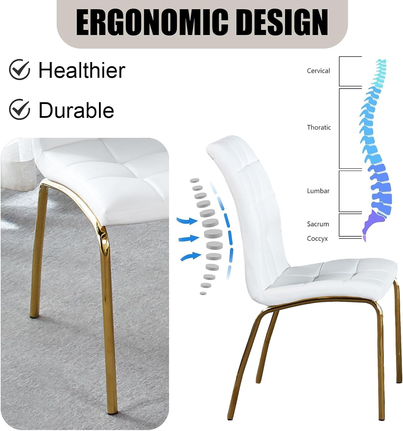 Faux Leather Dining Chairs - Set of 4, Modern White Dining Room Chairs with Gold Metal Legs and Ergonomic Backrest, Upholstered for Kitchen and Living Room