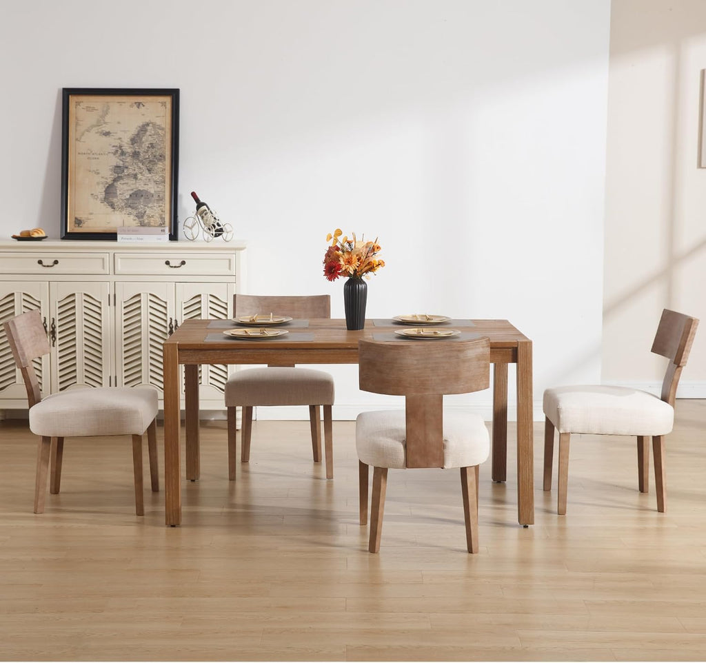 Farmhouse Dining Chairs Set of 6, Mid Century Modern Kitchen Chair Upholstered Natural Color Wooden Chairs with T-Shape Back, Armless Comfy Accent Chairs, Linen Beige