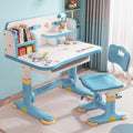 Height Adjustable Kids Desk and Chair Set, Upgraded Functional Desk and Chair Set, Kids School Desk, Writing Study Table for Girls Boys, Storage, Drawers, Bookshelf (Blue)