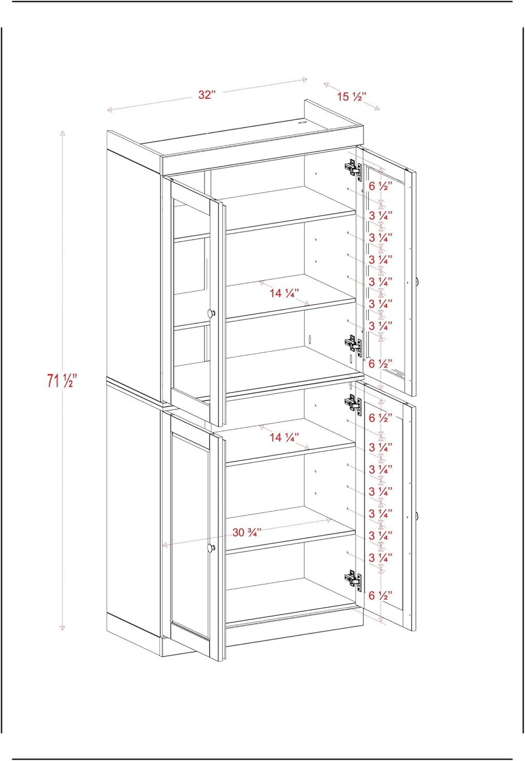 Palace Imports Solid Wood Tall Pantry Cabinet – 71.5" H x 32" W – Black Wooden Storage Cabinet for Kitchen w/Clear Glass/Shaker Doors & 4 Adjustable Shelves, 100% Eco-Friendly Wood, Made in Brazil