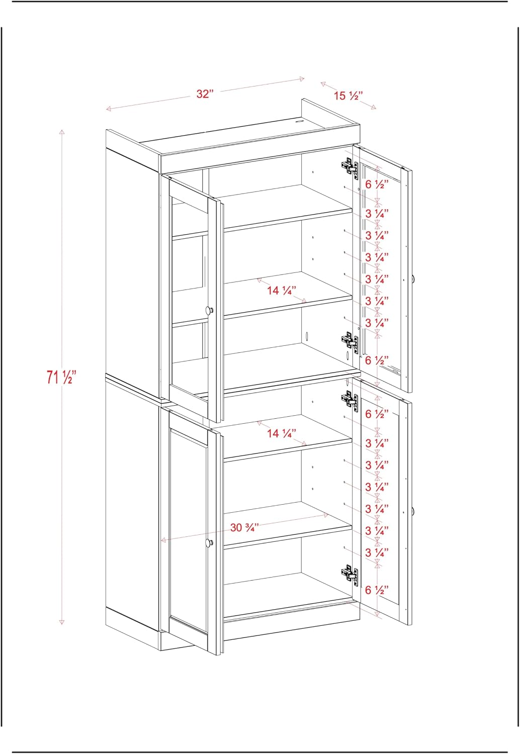 Palace Imports Solid Wood Tall Pantry Cabinet – 71.5" H x 32" W – Black Wooden Storage Cabinet for Kitchen w/Clear Glass/Shaker Doors & 4 Adjustable Shelves, 100% Eco-Friendly Wood, Made in Brazil