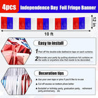 4 Pack 10 Feet White Blue Red Foil Fringe Garland Metallic Tinsel Streamers Banner Wall Hanging Curtain Backdrop for Parade Floats, Wedding, Graduate, Mother's Day, Birthday Party Decoration