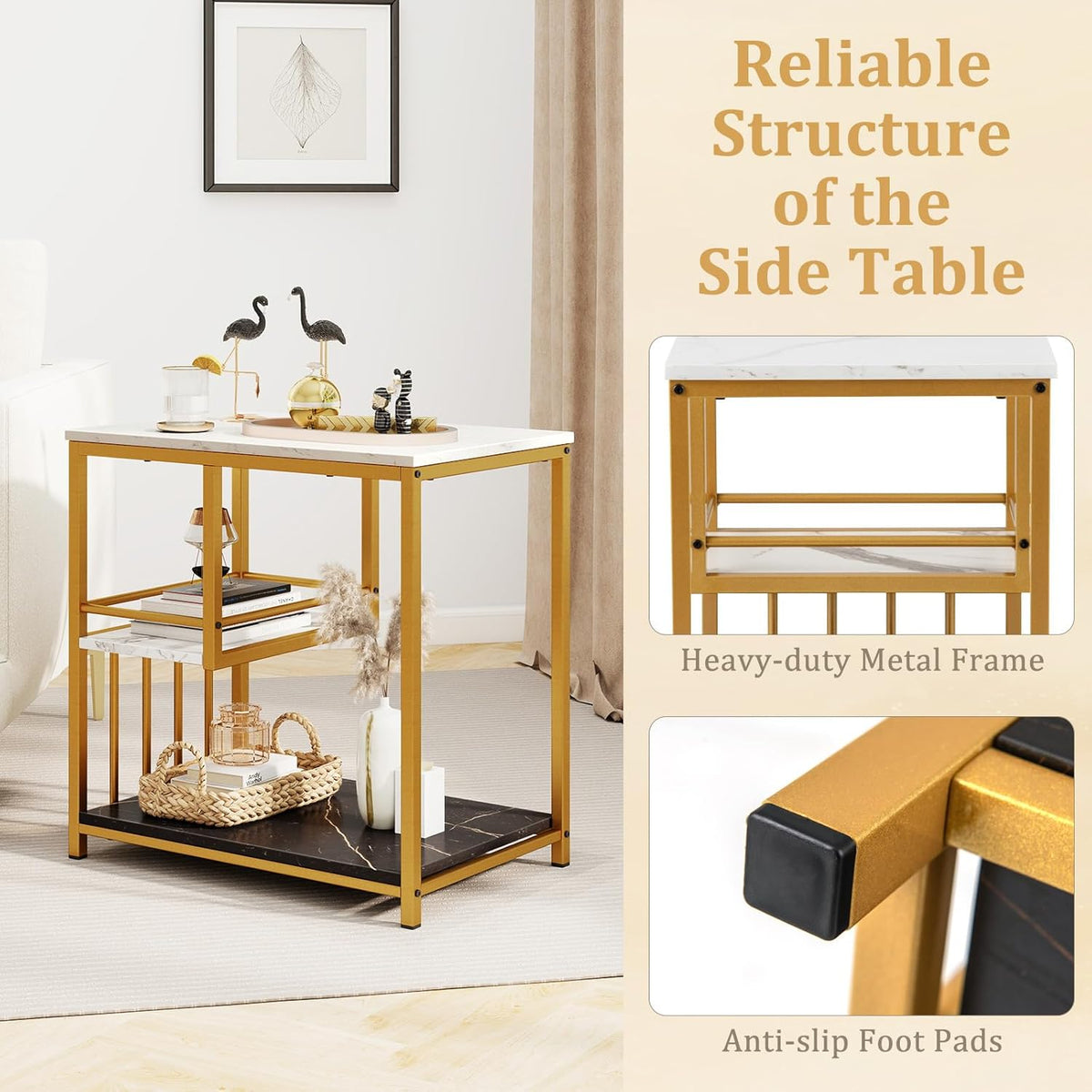 GOFLAME Faux Marble End Table, 3-Tier Sofa Side Table with Storage Shelves, Golden Polished Steel Frame, Black & White Faux Marble, Rectangular, Modern Nightstand for Living Room, Bedroom