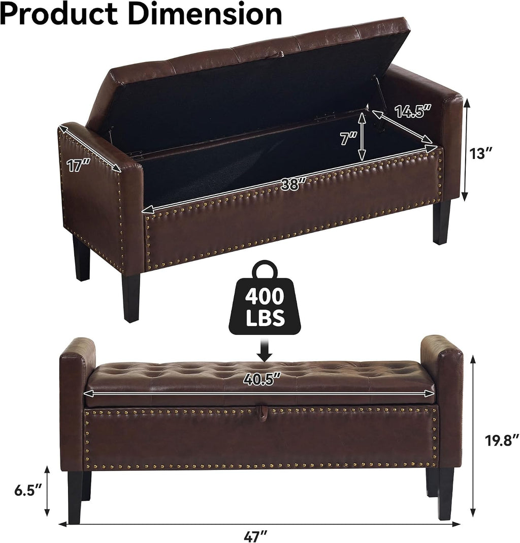 WUTUTUEE 47" Modern Water-Resistant Faux Leather Storage Ottoman Bench with Wooden Legs, Upholstered End of Bed Bench for Bedroom, Living Room or Entryway, Dark Brown