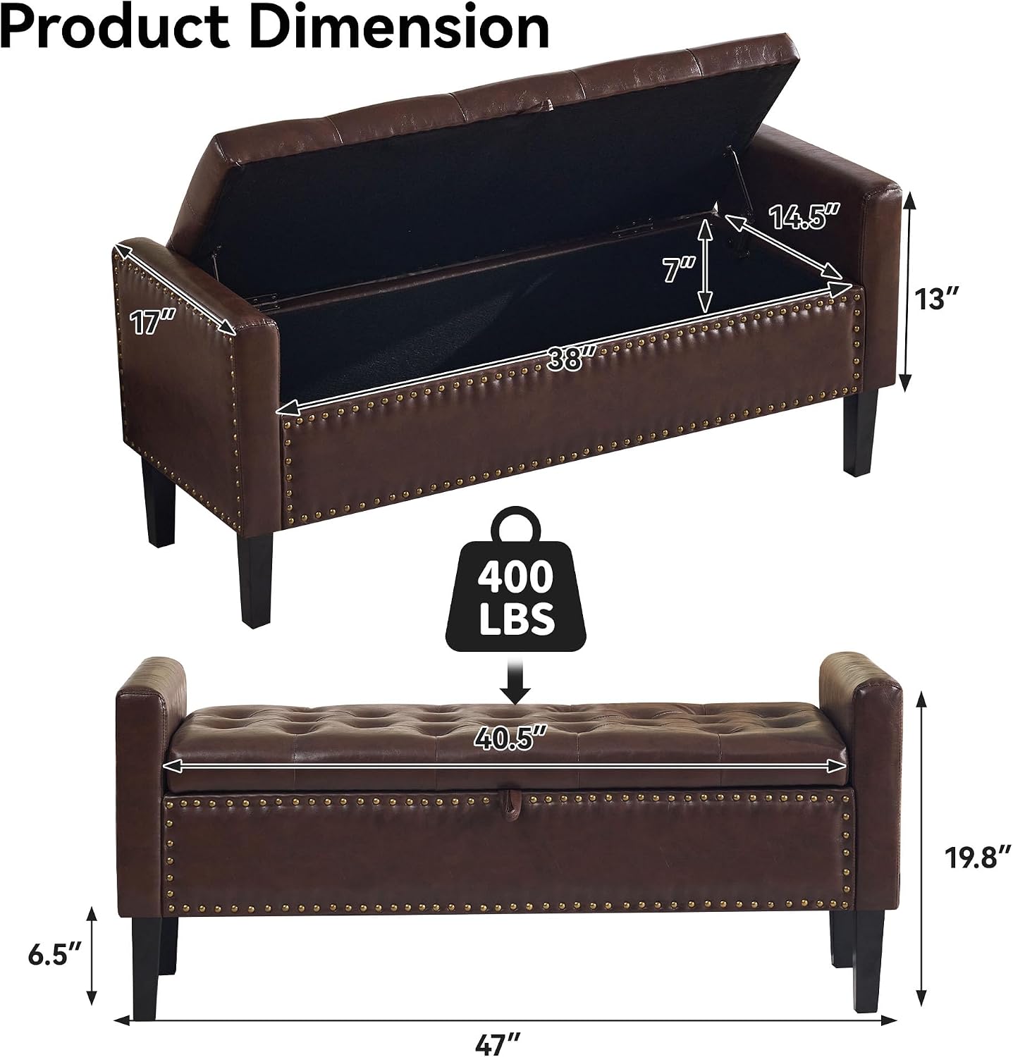 WUTUTUEE 47" Modern Water-Resistant Faux Leather Storage Ottoman Bench with Wooden Legs, Upholstered End of Bed Bench for Bedroom, Living Room or Entryway, Dark Brown
