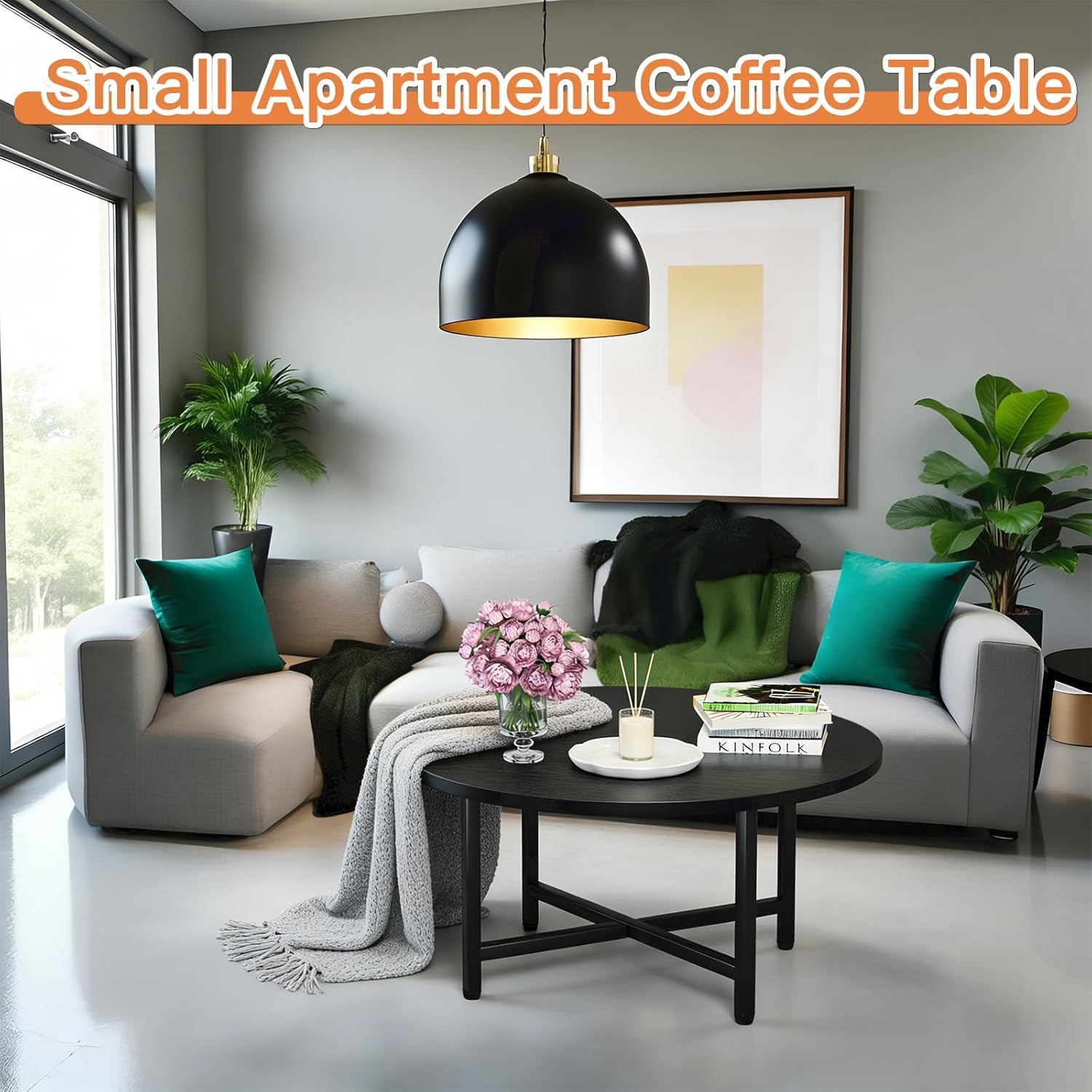 FAMIDGE Coffee Table, 23.6" Coffee Tables for Living Room, Round Coffee Table with Metal Frame, Floor Table for Sitting on The Floor, Home, Office, Black