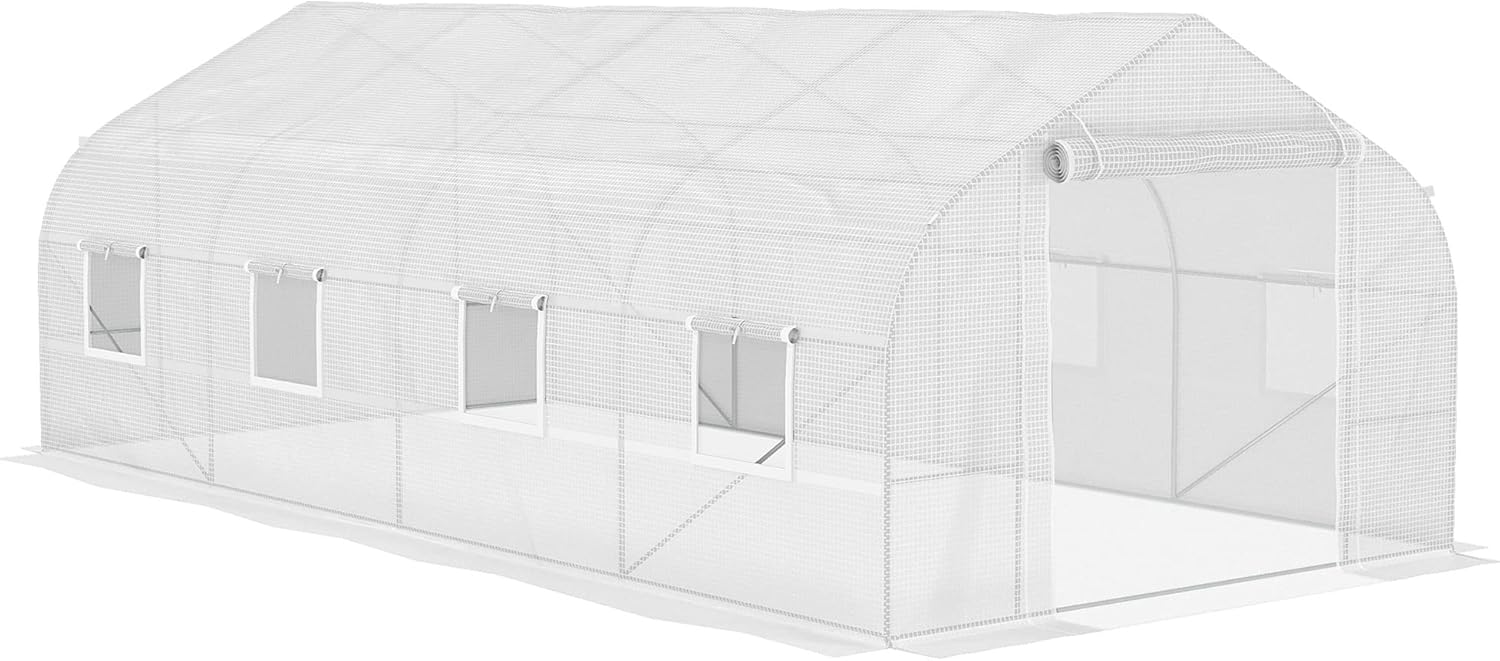 Outsunny 20' x 10' x 7' Walk-in Greenhouse, Tunnel Green House with Galvanized Steel Frame, Hoop House Kit with Zippered Door and 6 Windows, White