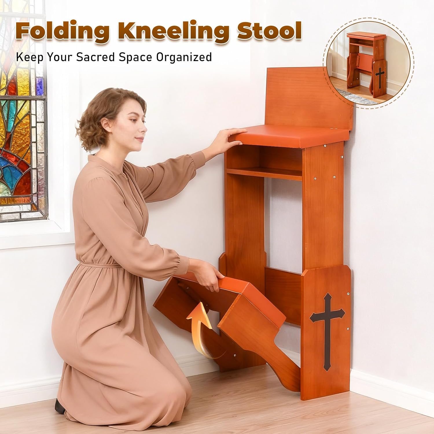 Prayer Kneeler Bench with Book Rest, Adjustable Height Foldable Kneeling Bench with Thick Padding, Portable Prayer Stool for Home, Church and Meditation