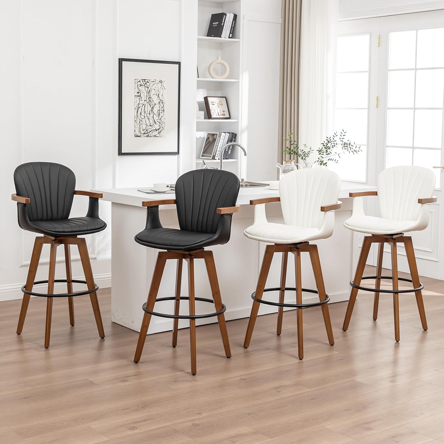 LUNLING 30” Bar Height Stools,Mid Century Modern Bar Stools,Black PU Leather Kitchen Island Stool,Wood High Barstools Swivel with Back and Arms for Home Bar Furniture,1PCS